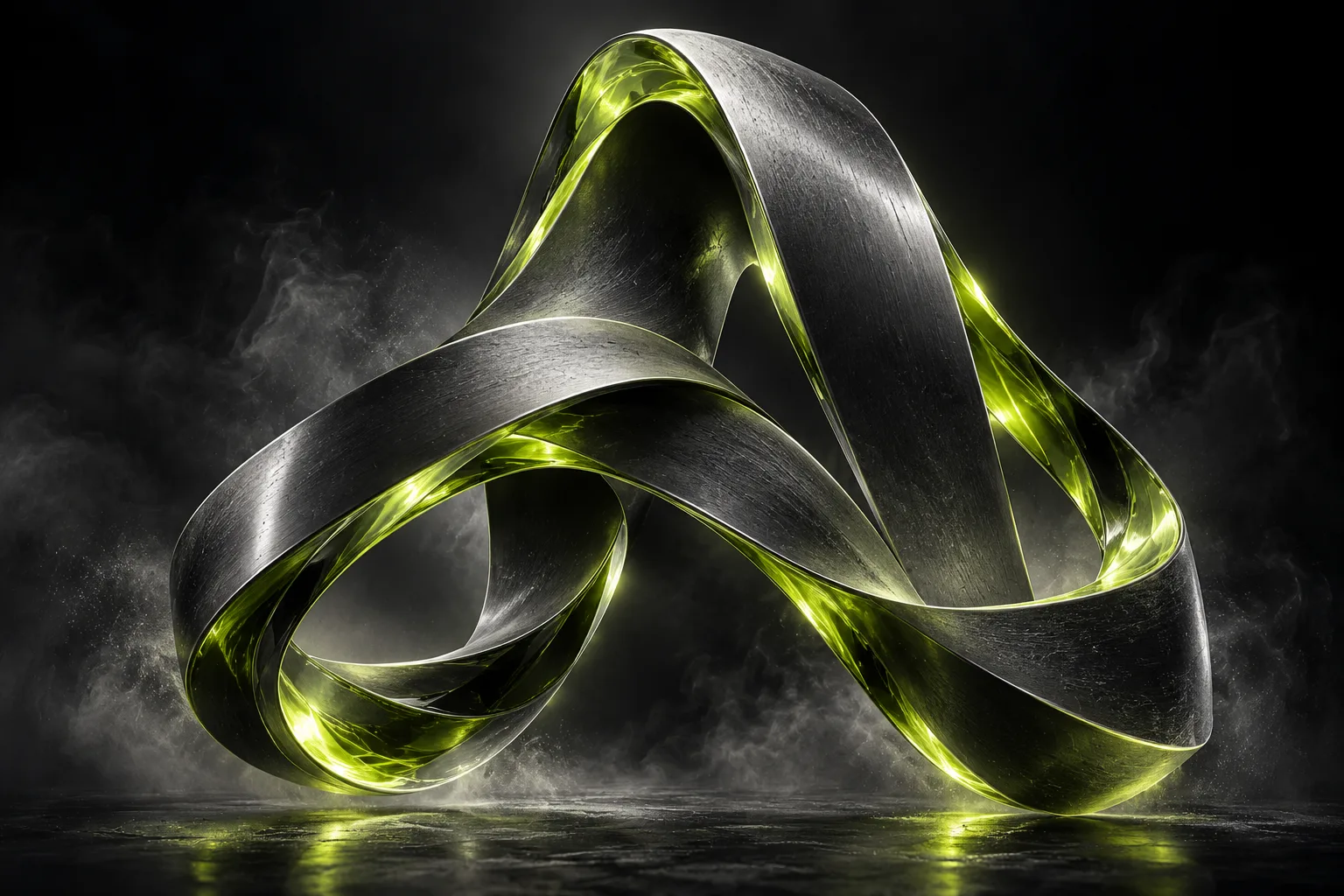 A sculptural titanium ribbon with luminous lime edges, forming an abstract A